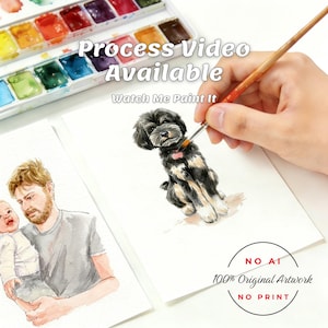 Puede incluir: Pinturas a la acuarela de un perro y un hombre sosteniendo a un beb&eacute;. El perro es negro y canela con un collar rosa. El hombre tiene el pelo rojo y barba. El texto de la imagen dice "Process Video Available" y "100% Original Artwork".