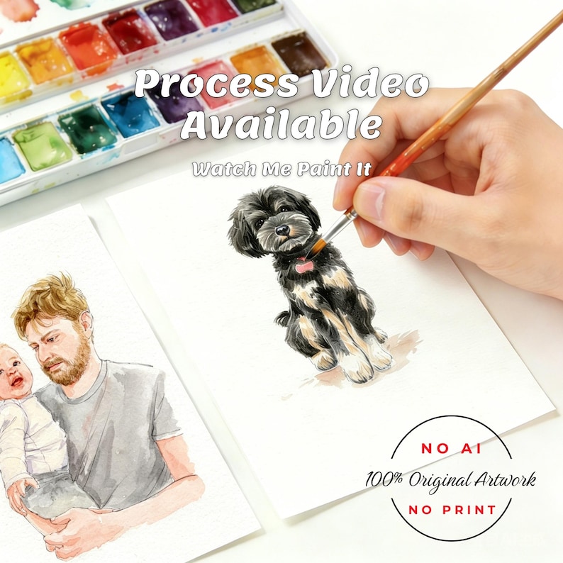 Puede incluir: Pinturas a la acuarela de un perro y un hombre sosteniendo a un beb&eacute;. El perro es negro y canela con un collar rosa. El hombre tiene el pelo rojo y barba. El texto de la imagen dice "Process Video Available" y "100% Original Artwork".