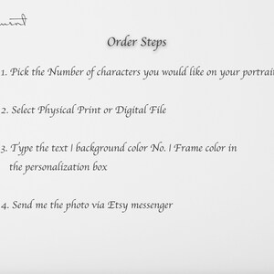 Puede incluir: Papel blanco con la palabra "Moment" en escritura cursiva en la esquina superior izquierda. Debajo, el texto "Order Steps" va seguido de instrucciones numeradas para pedir un retrato, incluyendo la selecci&oacute;n de opciones y el env&iacute;o de una foto.