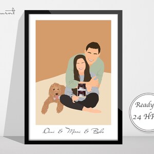 Puede incluir: Ilustraci&oacute;n enmarcada de una pareja abraz&aacute;ndose, sosteniendo una ecograf&iacute;a, con un perro. La obra de arte es de estilo minimalista, con colores suaves y el texto "Dani & Merri & Baba". Un c&iacute;rculo dice "Ready in 24 HRS!"