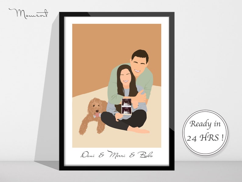 Puede incluir: Ilustraci&oacute;n enmarcada de una pareja abraz&aacute;ndose, sosteniendo una ecograf&iacute;a, con un perro. La obra de arte es de estilo minimalista, con colores suaves y el texto "Dani & Merri & Baba". Un c&iacute;rculo dice "Ready in 24 HRS!"