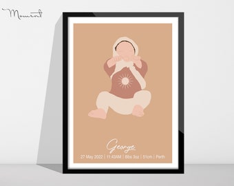 Portrait personnalisé de nouveau-né, affiche de naissance, faire-part de naissance, illustration personnalisée de nouveau-né, cadeau pour nouvelle maman, décoration de chambre d'enfant