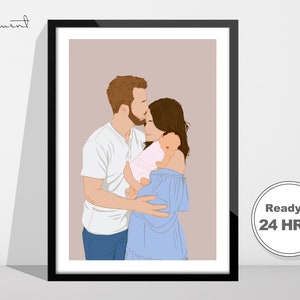 Puede incluir: Ilustraci&oacute;n de un retrato familiar enmarcado. La obra representa a una pareja abrazando a un beb&eacute;. El hombre lleva una camisa blanca y vaqueros azules, la mujer un top azul con los hombros descubiertos. El beb&eacute; viste de rosa. El marco es negro, fondo neutro.