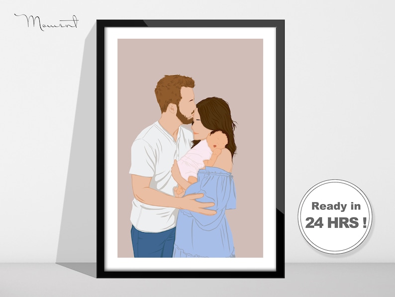 Puede incluir: Ilustraci&oacute;n de un retrato familiar enmarcado. La obra representa a una pareja abrazando a un beb&eacute;. El hombre lleva una camisa blanca y vaqueros azules, la mujer un top azul con los hombros descubiertos. El beb&eacute; viste de rosa. El marco es negro, fondo neutro.
