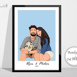 Puede incluir: Retrato enmarcado de una pareja y un perro, sobre un fondo azul claro. La ilustraci&oacute;n minimalista incluye los nombres "Ryan & Madison" y el a&ntilde;o "2021". El texto "Ready in 24 HRS!" tambi&eacute;n es visible en la imagen.