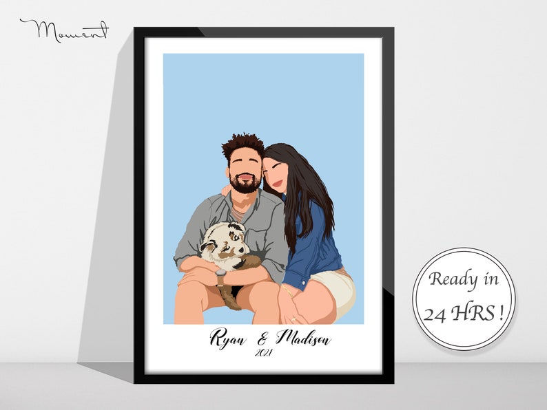 Puede incluir: Retrato enmarcado de una pareja y un perro, sobre un fondo azul claro. La ilustraci&oacute;n minimalista incluye los nombres "Ryan & Madison" y el a&ntilde;o "2021". El texto "Ready in 24 HRS!" tambi&eacute;n es visible en la imagen.
