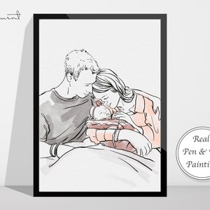 Aangepast portret stel portret familieportret van foto aquarel print cadeau voor hem cadeau voor haar Moederdag