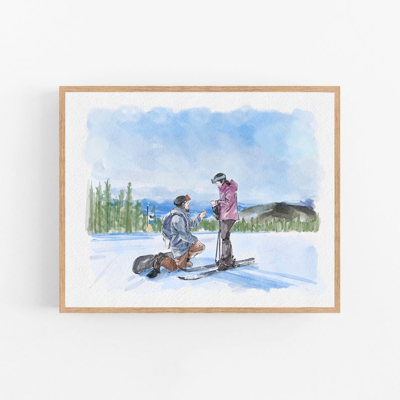 May include: A watercolor painting depicting two individuals on a snowy mountain landscape. One individual is kneeling on one knee while wearing a blue jacket and brown pants, and the other stands wearing a magenta jacket and dark pants with skis.