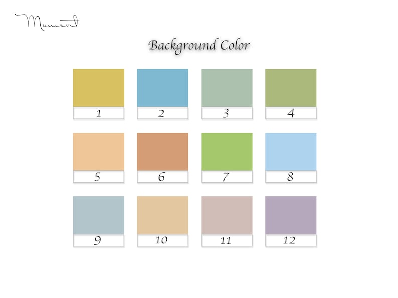 May include: A chart with 12 color swatches labeled 1 through 12. The colors are a mix of light blues, greens, yellows, and browns. The chart is titled "Background Color".