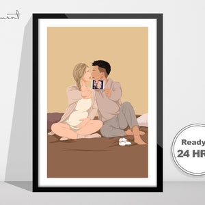 May include: A digital illustration of a pregnant woman and a man kissing. The man is holding an ultrasound image of their baby. The couple is sitting on a brown couch.
