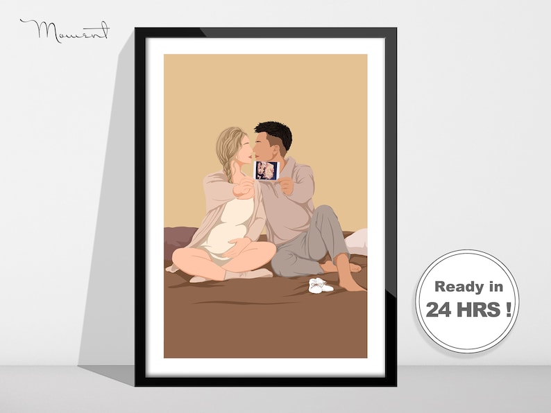 May include: A digital illustration of a pregnant woman and a man kissing. The man is holding an ultrasound image of their baby. The couple is sitting on a brown couch.