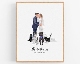 Personalisierte Familie und Haustiere Aquarell Porträt, benutzerdefinierte Aquarell Gemälde vom Foto, Hand gezeichnet für Hochzeit / Großeltern Porträt