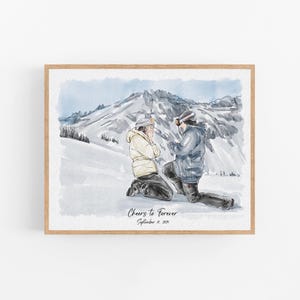 May include: A watercolor print in a light wood frame depicting two individuals in ski gear on a snowy mountain. One person kneels in a dark jacket while the other stands in a cream jacket. The text reads Cheers to Forever September 10, 2021.