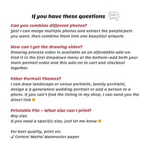 Puede incluir: Un gr&aacute;fico blanco con texto en negro y rojo. El texto pregunta "Si tienes estas preguntas" y luego responde preguntas sobre la combinaci&oacute;n de fotos, videos de dibujo, temas de retratos y tama&ntilde;os de archivos imprimibles. El gr&aacute;fico incluye un icono de preguntas frecuentes.