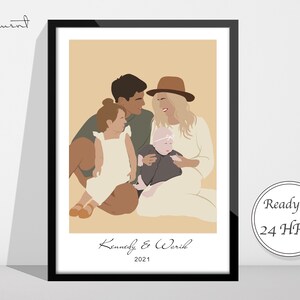 May include: A digital illustration of a family of four. The parents are holding a baby and a young girl. The family is sitting on a light brown background. The text "Kennedy & Warwick 2021" is at the bottom of the image.