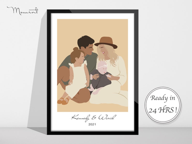May include: A digital illustration of a family of four. The parents are holding a baby and a young girl. The family is sitting on a light brown background. The text "Kennedy & Warwick 2021" is at the bottom of the image.