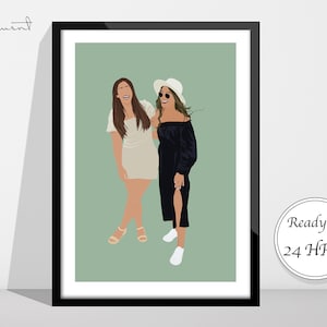May include: A digital illustration of two women standing side-by-side. The woman on the left is wearing a white dress and has long brown hair. The woman on the right is wearing a black off-the-shoulder dress and a white hat. The background is a light green color.