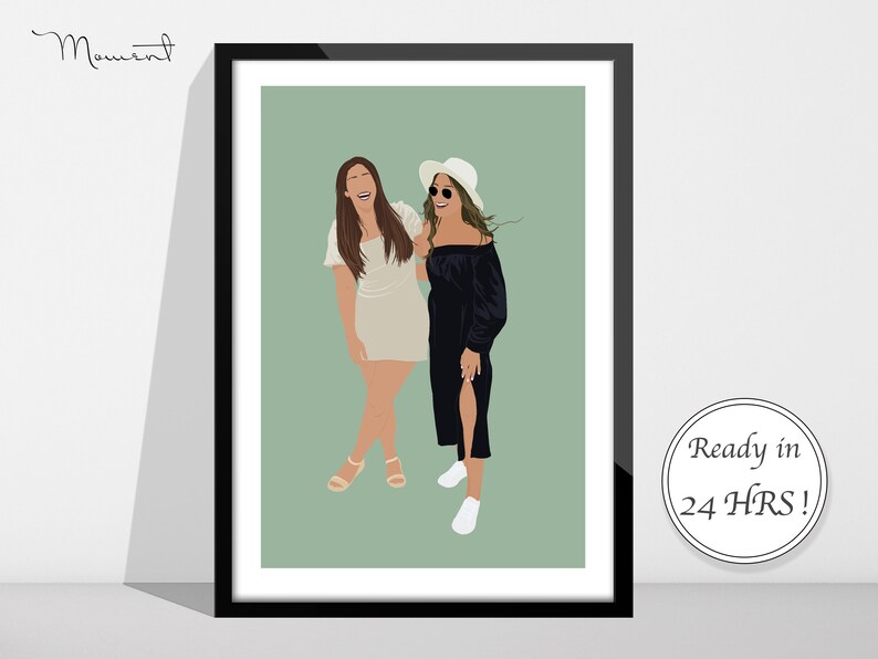 May include: A digital illustration of two women standing side-by-side. The woman on the left is wearing a white dress and has long brown hair. The woman on the right is wearing a black off-the-shoulder dress and a white hat. The background is a light green color.