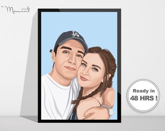 Puede incluir: Una ilustración digital de una pareja, un hombre y una mujer, en estilo de dibujos animados. El hombre lleva una camiseta blanca y una gorra de béisbol negra con las letras "LA" en ella. La mujer lleva una camiseta a rayas blancas y negras. Se están abrazando.