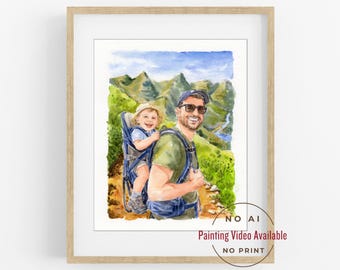 100% handbemalt • Video verfügbar, Aquarellmalerei vom Foto, Vatertagsgeschenk, Geschenk von Tochter Frau, 1. Farthers Day