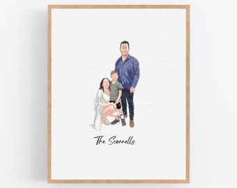 Acuarela personalizada a partir de una foto, retrato sin rostro dibujado a mano, regalo familiar personalizado, regalo para mamá/papá, regalo personalizado