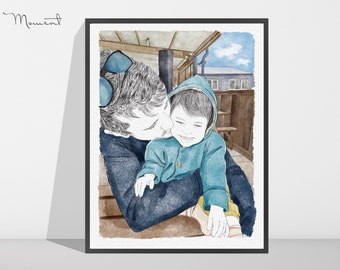 Benutzerdefinierte Vatertagsgeschenke vom Foto, Aquarell vom Foto, benutzerdefiniertes Familienporträt, einzigartiges Geschenk für Ehemann / Vater