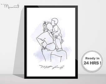 Aangepaste portretillustratie, aangepaste lijntekening, aangepast portret, familieportret, portret stel, tekening van foto