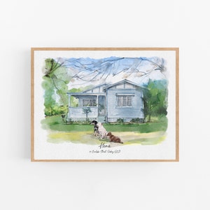 May include: A watercolour painting of a light blue house with a white porch and three dogs sitting in front of it. The house is surrounded by green trees and grass. The text "Home" and "22 Carlisle Street, Oakey QLD" is written below the house.