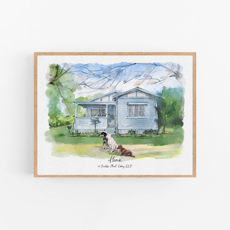 May include: A watercolour painting of a light blue house with a white porch and three dogs sitting in front of it. The house is surrounded by green trees and grass. The text "Home" and "22 Carlisle Street, Oakey QLD" is written below the house.