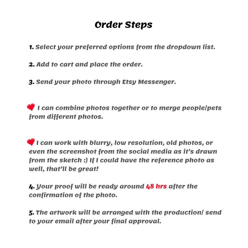 May include: Order steps for a custom photo illustration service. The steps include selecting options, adding to cart, sending a photo, and receiving a proof within 48 hours. The artwork will be sent to your email after final approval.