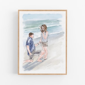 May include: A watercolor illustration in a light wood frame depicting a person kneeling on a sandy beach while holding the hand of another person standing before them. The scene features ocean waves in the background with soft blue and tan tones.