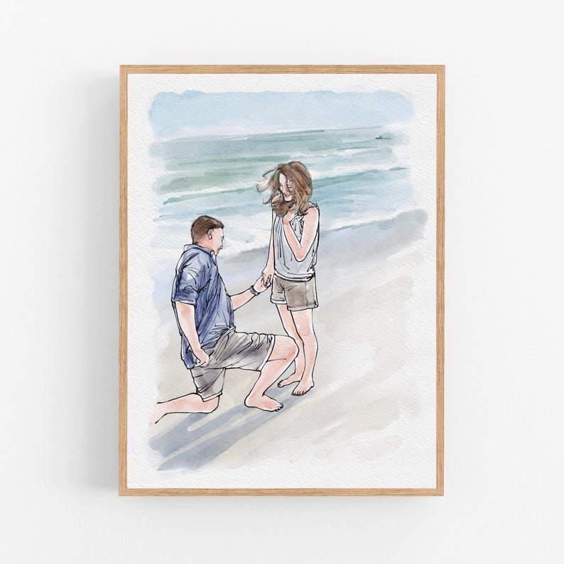 May include: A watercolor illustration in a light wood frame depicting a person kneeling on a sandy beach while holding the hand of another person standing before them. The scene features ocean waves in the background with soft blue and tan tones.
