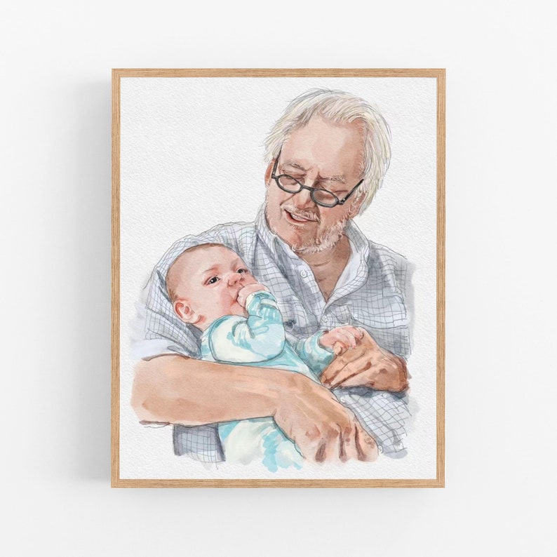 Fathers Day Gift from Wife, Custom Detailed Watercolor Portraits from Daughter, Personalized First Father's Day Gift from Photo image 3