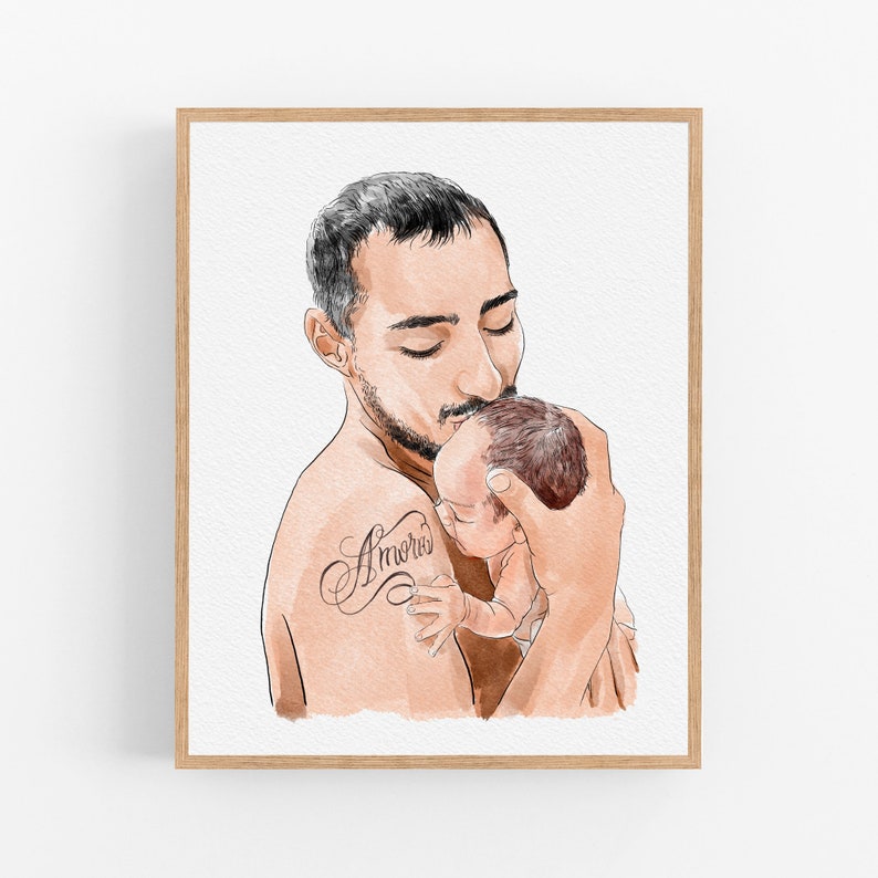 Fathers Day Gift from Wife, Custom Detailed Watercolor Portraits from Daughter, Personalized First Father's Day Gift from Photo image 1