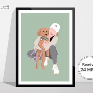 Può includere: Un'illustrazione digitale di una donna che indossa un cappello da baseball bianco e una maglietta grigia, che tiene un cane marrone con un guinzaglio rosa. Lo sfondo è di colore verde chiaro.
