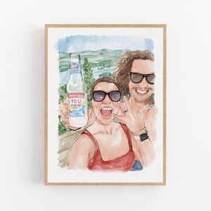 May include: A watercolor illustration of two people wearing sunglasses, one in a red tank top, holding a bottle labeled 'Sydney Hill You Marry Me' with a lemon graphic. The person in the foreground displays a ring on their finger against a landscape.