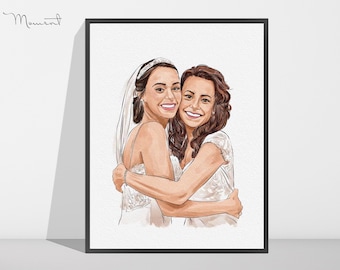 Aquarelle à partir d'une photo, portraits de mariage détaillés personnalisés, cadeau de mariage unique, portrait mère fille personnalisé