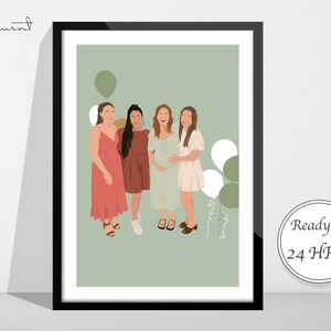 May include: A digital illustration of four women in dresses standing together in front of a green background with balloons. The women are smiling and appear to be celebrating a special occasion.