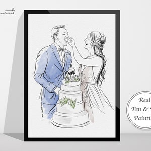 Pentekening, aquareltekening, cadeaus voor het paar, gepersonaliseerde kunst, aangepast familieportret