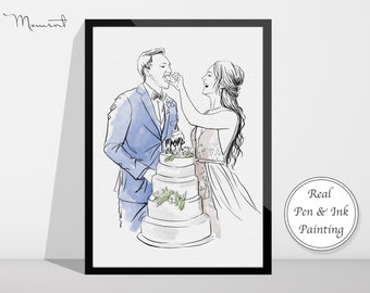 Pen and Ink Drawing ,Watercolour drawing, Gifts For The Couple, Personalised Art, Custom family portrait