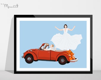 Portrait personnalisé de voiture de mariage, photo de voiture personnalisée, portrait sans visage, portrait de famille, affiche de voiture de mariage, cadeau de mariage personnalisé