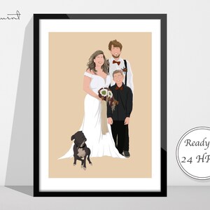 Puede incluir: Ilustraci&oacute;n digital enmarcada de una familia y su perro. La familia incluye a una mujer con un vestido de novia blanco, un hombre con camisa blanca y tirantes, y un ni&ntilde;o con camisa negra. Un perro negro est&aacute; en primer plano. El texto dice "Ready in 24 HRS!"