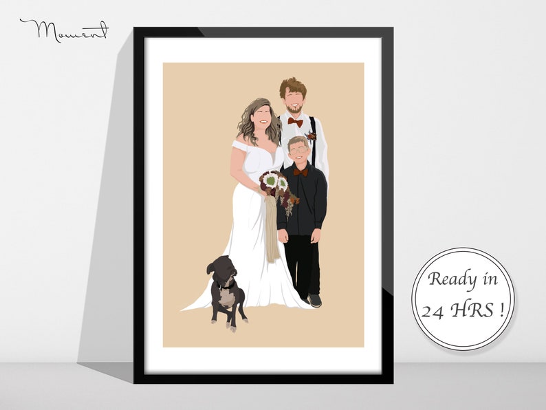 Puede incluir: Ilustraci&oacute;n digital enmarcada de una familia y su perro. La familia incluye a una mujer con un vestido de novia blanco, un hombre con camisa blanca y tirantes, y un ni&ntilde;o con camisa negra. Un perro negro est&aacute; en primer plano. El texto dice "Ready in 24 HRS!"