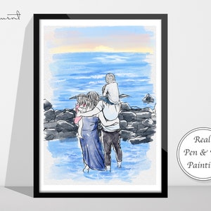 カスタム水彩画の家族の肖像画、ペンとインクの絵、カップルへのギフト、パーソナライズされたアート、カスタム家族の肖像画、風景画
