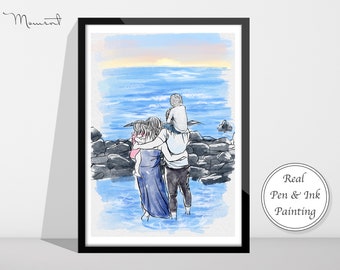 Custom Watercolour family Portrait, Pen and Ink Drawing, Gifts For The Couple, Personalised Art, Custom family portrait, Landscape Painting