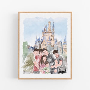 May include: A watercolor illustration depicting a group of five people standing together in front of a large, multi-towered castle with blue spires. The group includes four adults and one child, all rendered in soft, blended watercolor tones.