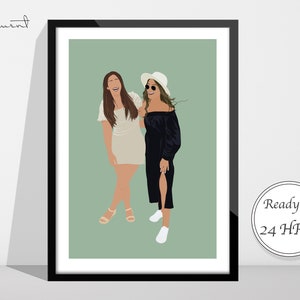 Puede incluir: Una impresi&oacute;n art&iacute;stica enmarcada con una ilustraci&oacute;n minimalista de dos personas. Una persona lleva un vestido blanco y la otra un vestido negro. El fondo es verde apagado. El texto "Ready in 24 HRS!" es visible.