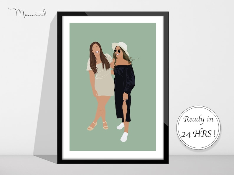 Puede incluir: Una impresi&oacute;n art&iacute;stica enmarcada con una ilustraci&oacute;n minimalista de dos personas. Una persona lleva un vestido blanco y la otra un vestido negro. El fondo es verde apagado. El texto "Ready in 24 HRS!" es visible.