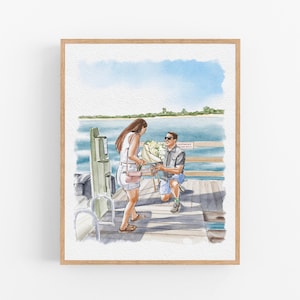 Könnte beinhalten: Eine Aquarellillustration zeigt einen Heiratsantrag auf einem Holzsteg. Eine Person in weißem Oberteil und Shorts steht, während eine andere Person in grauem Hemd und blauen Shorts kniet und einen großen Strauß weißer Blumen vor blauem Wasser hält.