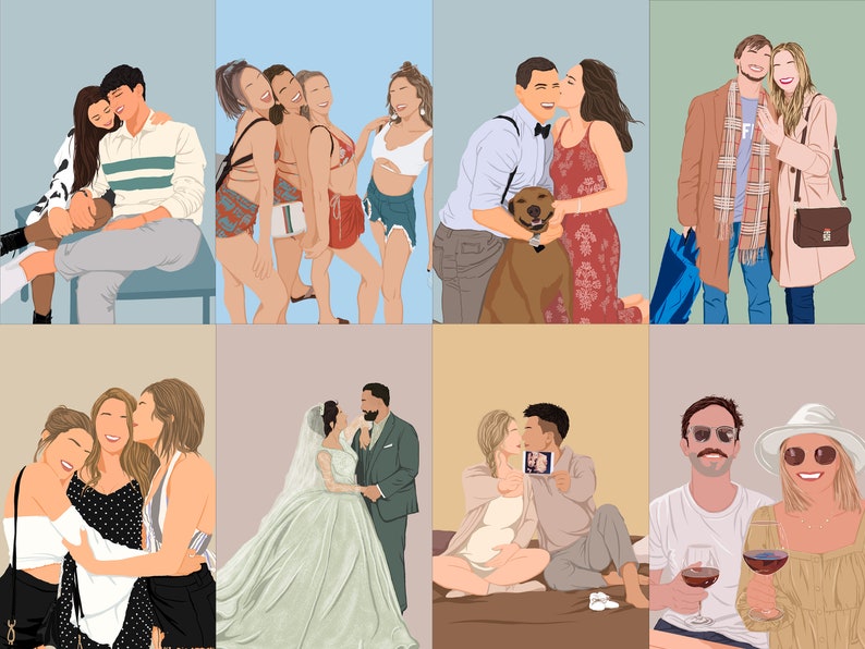 Puede incluir: Una colecci&oacute;n de ocho ilustraciones digitales que representan parejas y grupos de personas. Las im&aacute;genes muestran varias escenas, incluyendo abrazos, besos y tomados de la mano. Las ilustraciones est&aacute;n en un estilo minimalista con fondos de color s&oacute;lido.